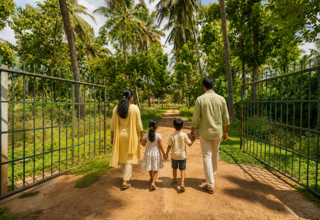 A family walking a farmland path at Vamsha Dhara