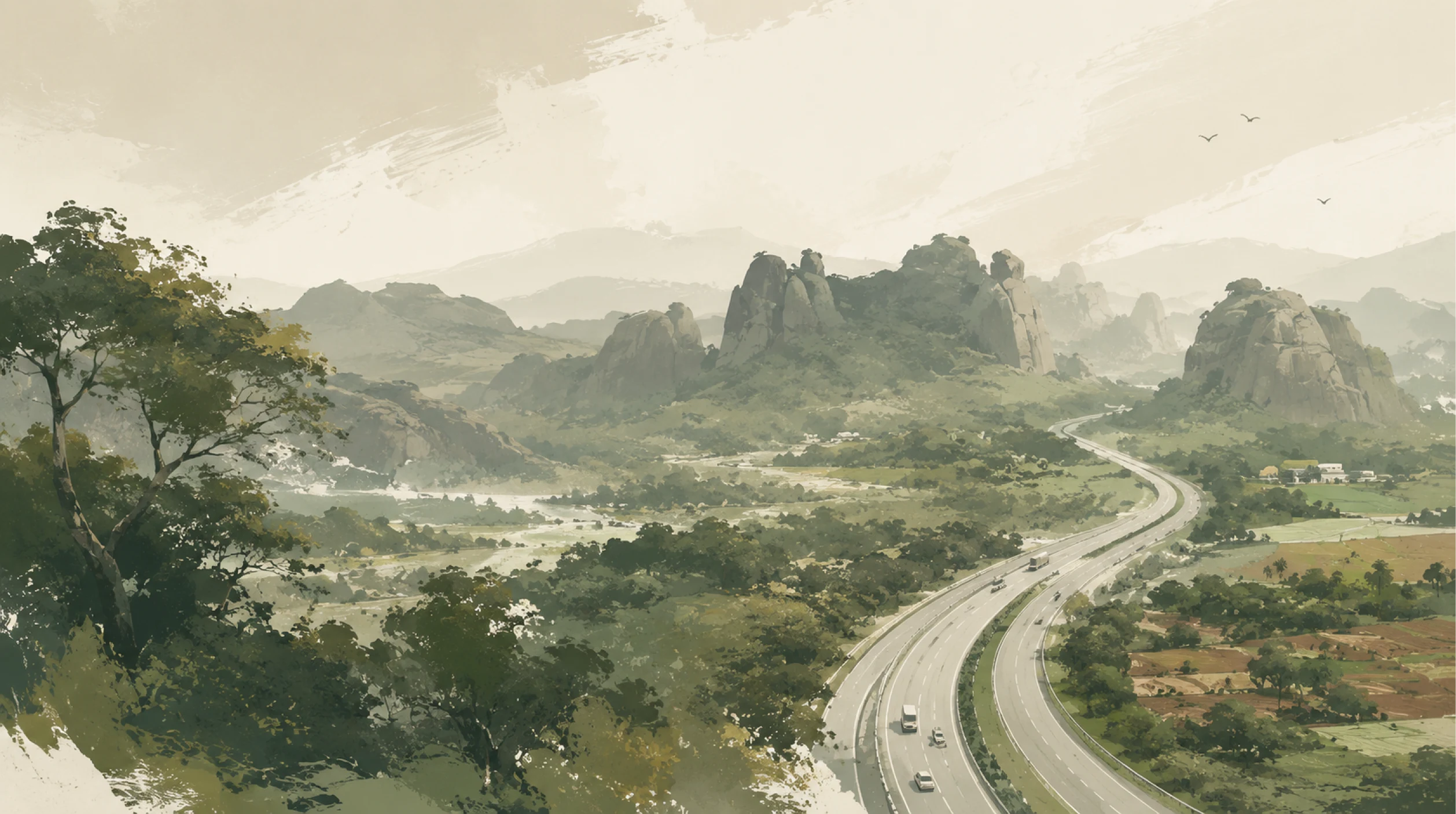 Bengaluru–Mysuru highway watercolor landscape