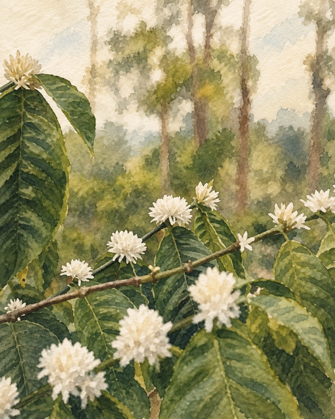 Watercolour of flowering branches in a green plantation