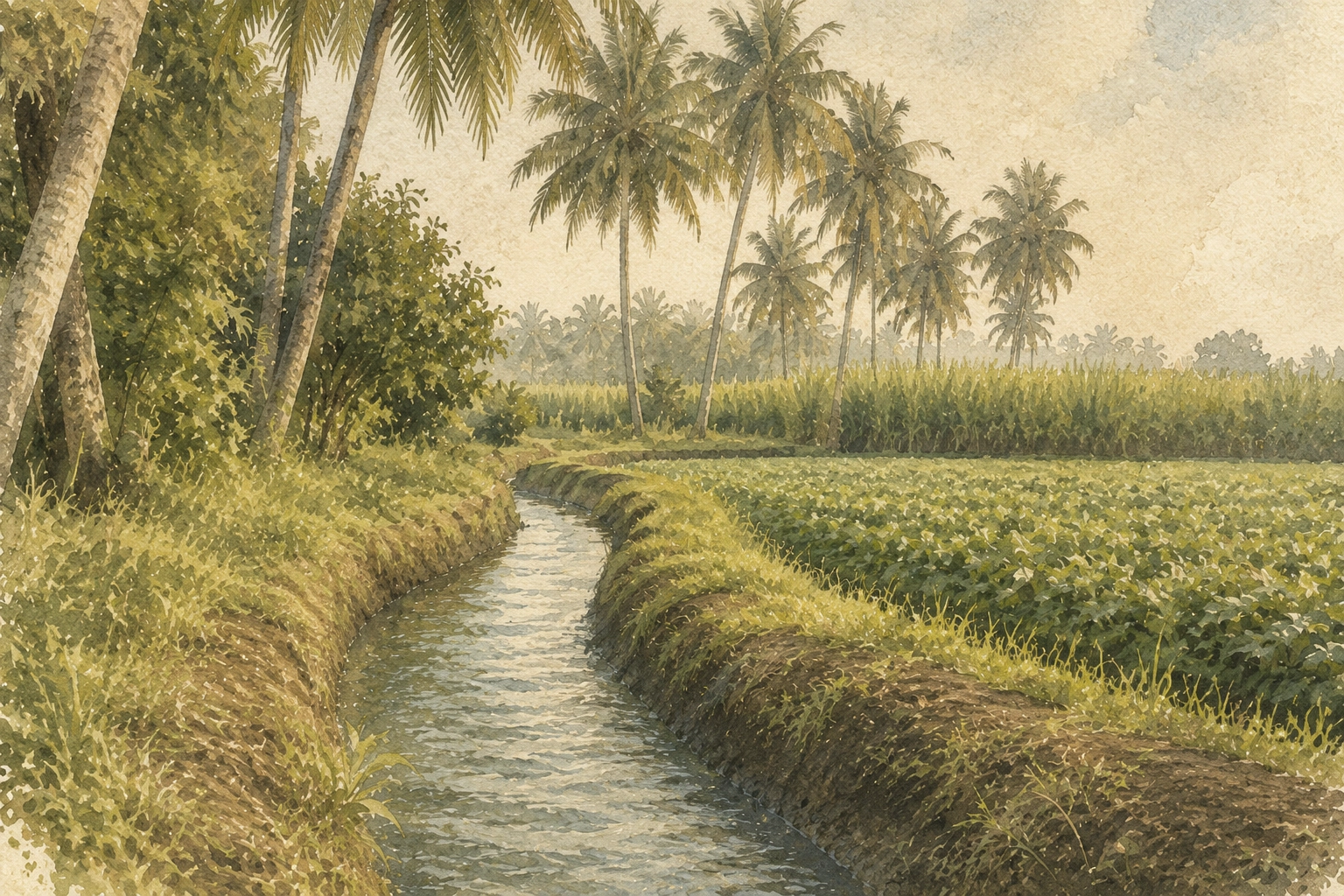 A Cauvery-fed irrigation channel flowing through farmland near Mandya