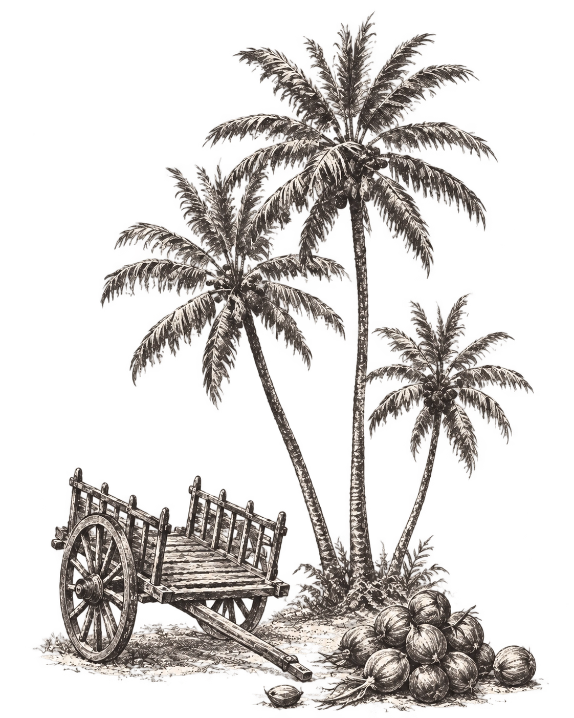 Ox cart carrying coconuts through a plantation