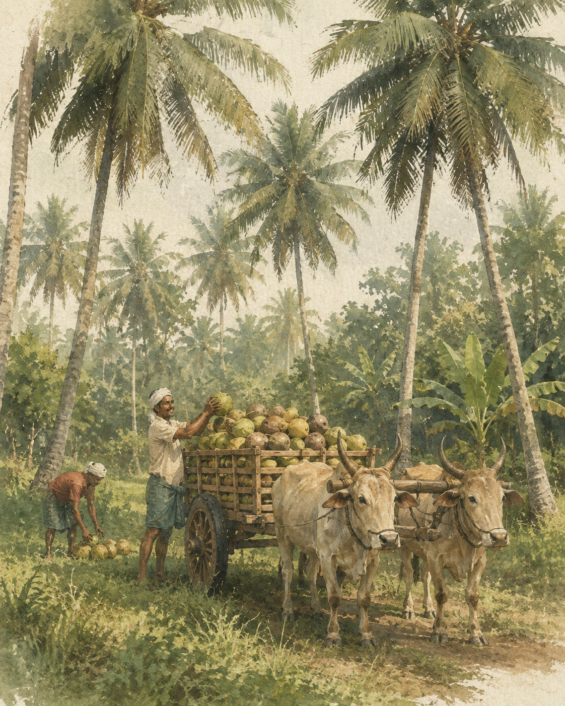 Farmers loading coconuts onto an ox cart